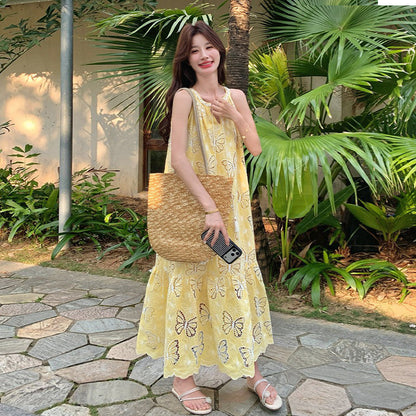 【ワンピース】イエロー蝶刺繍カットワークワンピース レディース 夏新作 ノースリーブ リゾート マキシ丈 体型カバー おしゃれ【SHシリーズ】