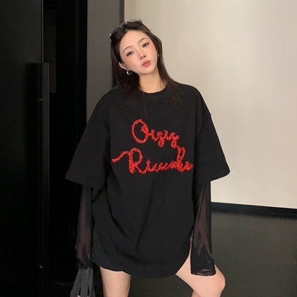【トップス】Tシャツ レディース レイヤード風 メッシュ切替 長袖 クルーネック シアー素材 モード カジュアル【FCシリーズ】