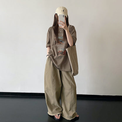 【トップス】ブラウン系 アートプリント 半袖Tシャツ コットン ゆったりシルエット ナチュラル カジュアル トップス【FCシリーズ】