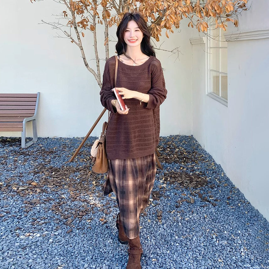 2点セット！【セットアップ】マラード風ゆる感ニット透かし編みカーディガン×チェック柄ノースリーブワンピースセット【SHシリーズ】