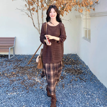 2点セット！【セットアップ】マラード風ゆる感ニット透かし編みカーディガン×チェック柄ノースリーブワンピースセット【SHシリーズ】