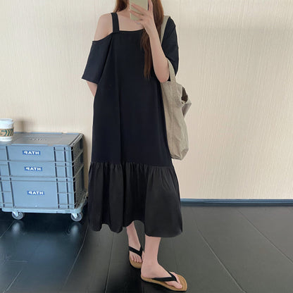 【ワンピース】オフショルダーワンピース レディース 夏 半袖 マーメイドシルエット ロング丈 ゆったり体型カバー 半袖 着痩せ デザインワンピース【JZシリーズ】
