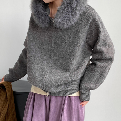 【アウター】取り外し可能ファー付き フードジップニットアウター 冬 韓国風 カジュアル ゆったりカーディガン【JZシリーズ】