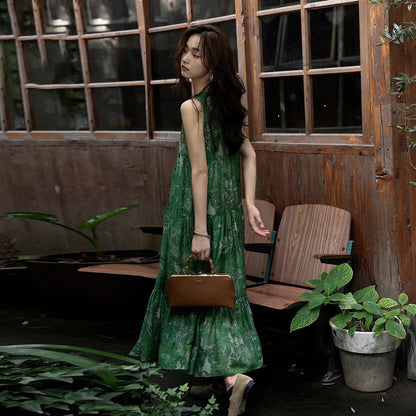 【ワンピース】リゾート風 夏新作 ゆったり細見えデザイン ヴィンテージフラワー ノースリーブワンピース【SHシリーズ】