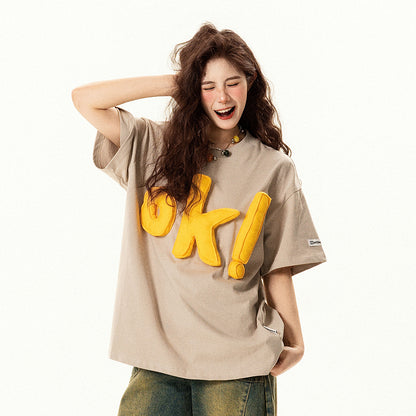 【トップス】アメリカンレトロ 趣味 立体ロゴ 半袖Tシャツ レディース ゆったり デザイン感 カジュアル【FCシリーズ】【15〜20日発送】