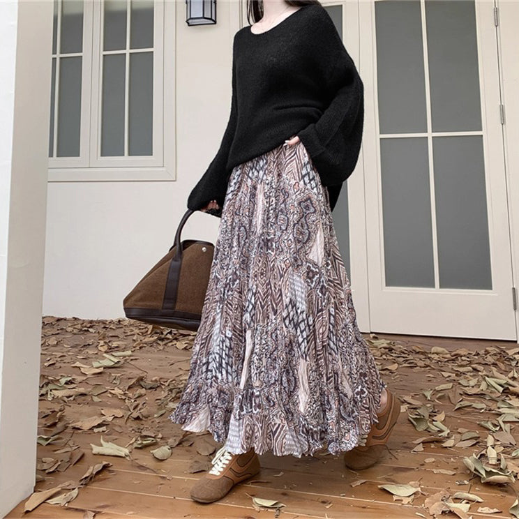 【ボトムス】脚長効果 お腹カバー レトロ柄 ロングスカート ゆったり Aライン フレアスカート【SHシリーズ】