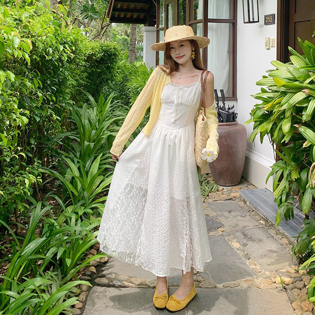 【ワンピース】リゾート風 フレンチ ホワイトレース ノースリーブワンピース 夏 レディース ウエストマーク キャミワンピース【JZシリーズ】