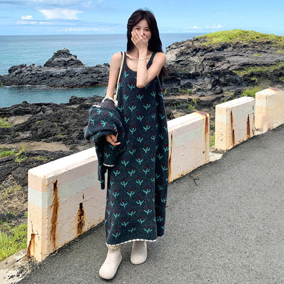 【セットアップ】花柄 ニットノースリーブワンピース + カーディガン セットアップ レディース 春秋 上品可愛い おしゃれ 2点セット【SHシリーズ】