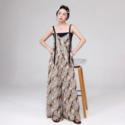 【ボトムス】ハイエンドレトロ感 水波模様グラデーションサロペット ゆったりVネック オールインワン 夏新作【SHシリーズ】