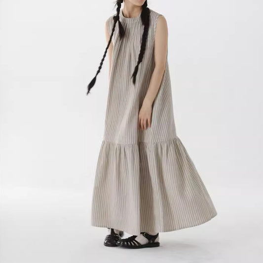 【ワンピース】先染め リネン混 ストライプ ノースリーブワンピース レディース バックスリット フィッシュテール ロングワンピース ゆったり 体型カバー【JZシリーズ】