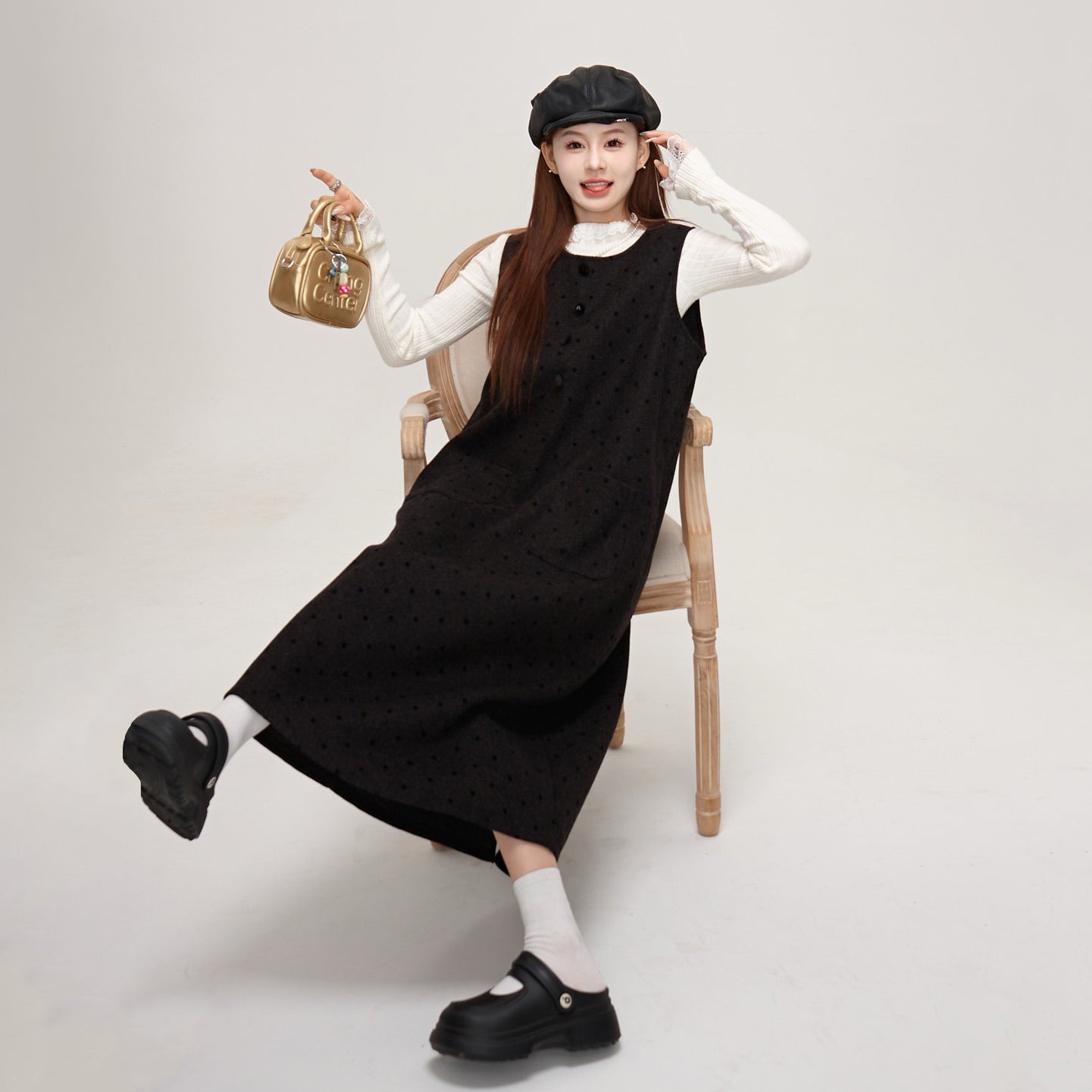 【ワンピース】デザイン重視♡ツイード×ドット柄 ノースリーブ ベストワンピース レディース 秋冬 高見え【JZシリーズ】
