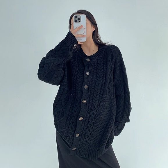 【トップス】ゆったり落ち感 厚手ケーブル編み ニットカーディガン【FCシリーズ】