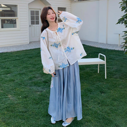 【セットアップ】配色刺繍 リボン付きトップス×ワイドパンツ 上下セット レディース フェミニン 上品 おしゃれ 体型カバー 2点セット
【SHシリーズ】