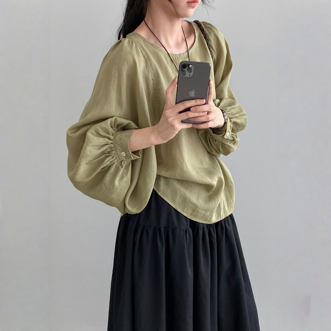 期間限定⭐️60%OFF【トップス】クールな雰囲気 テンセル ほんのり透け感 ラミー バルーンスリーブ シャツ 【JZシリーズ】