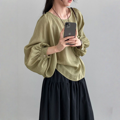 期間限定⭐️60%OFF【トップス】クールな雰囲気 テンセル ほんのり透け感 ラミー バルーンスリーブ シャツ 【JZシリーズ】