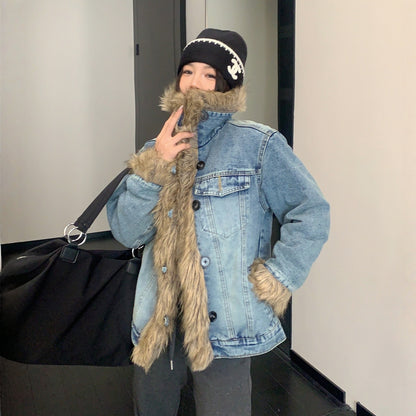 【アウター】ボア レトロ 切り替え  デニム 中綿ジャケット 【FCシリーズ】