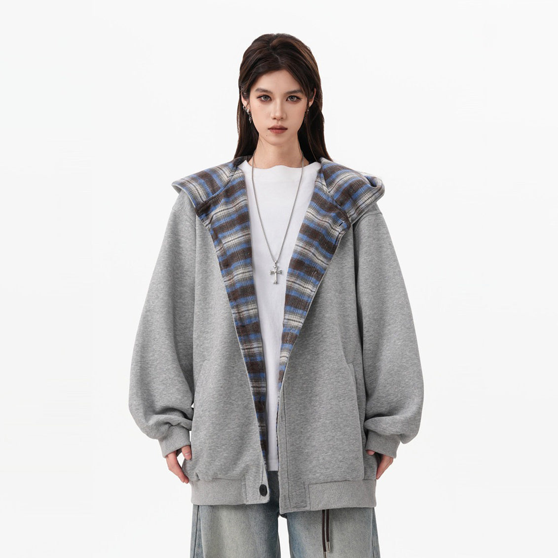 【アウター】アメリカンチェック切り替え ジップスウェットパーカー レディース 男女兼用 春 ヘビーウェイト ルーズシルエット スポーツジャケット レトロ学院風 フード付き【FCシリーズ】