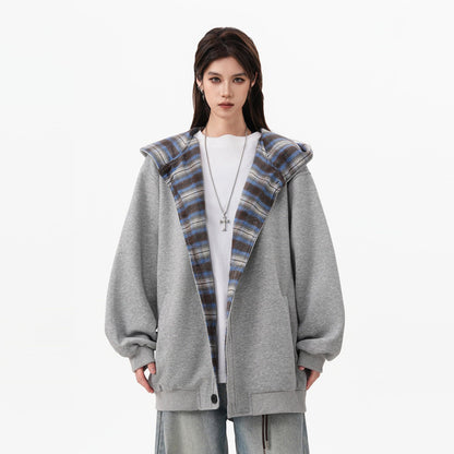 【アウター】アメリカンチェック切り替え ジップスウェットパーカー レディース 男女兼用 春 ヘビーウェイト ルーズシルエット スポーツジャケット レトロ学院風 フード付き【FCシリーズ】