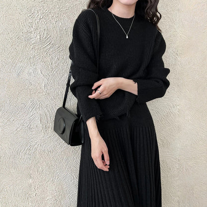 【セットアップ】春 秋 冬 クルーネック セーター + ハイウエスト  細見え プリーツスカート 2点セット 【JZシリーズ】