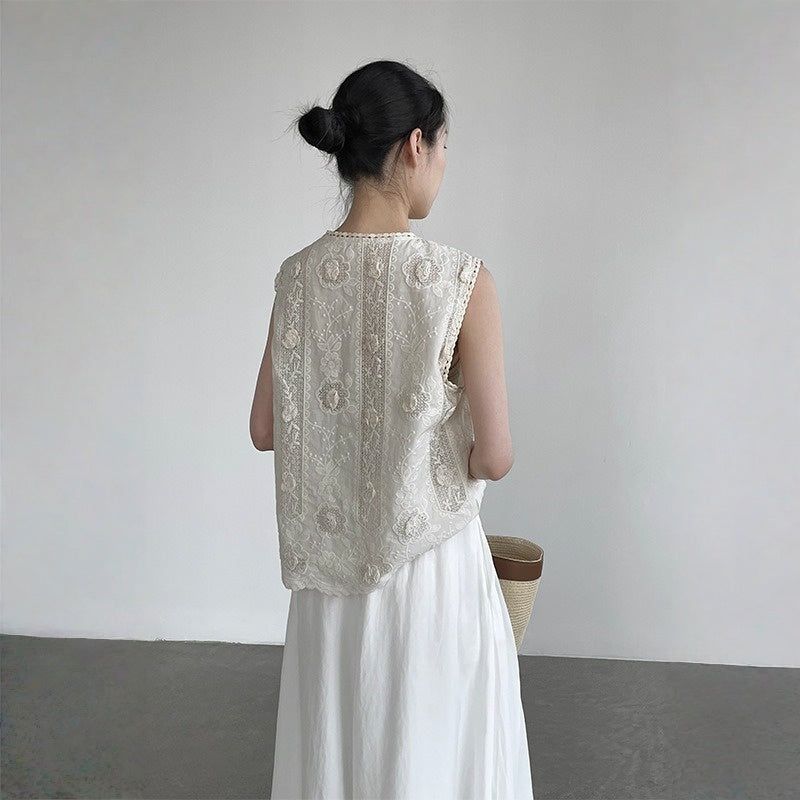 【トップス】立体フラワー レース ベスト 高級刺繍 ノースリーブ  ブラウス 【JZシリーズ】