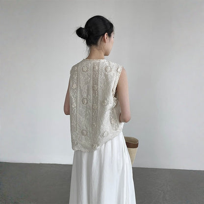 【トップス】立体フラワー レース ベスト 高級刺繍 ノースリーブ  ブラウス 【JZシリーズ】