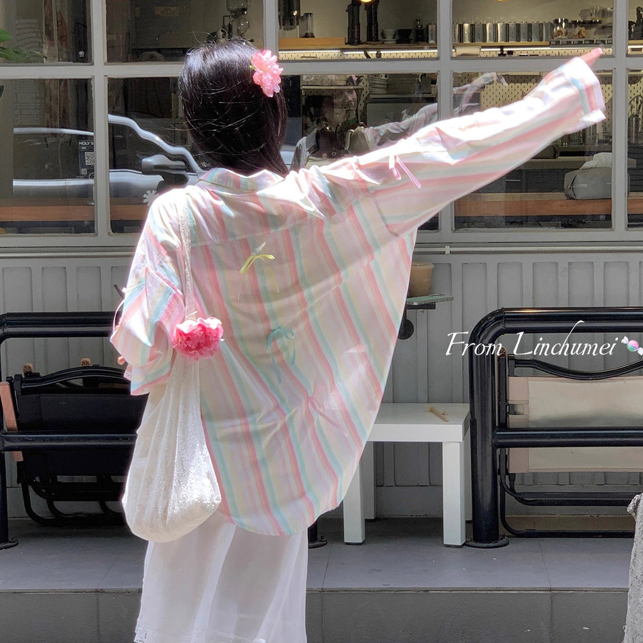 【アウター】リボンストライプ UVカットシャツ 春夏 韓国風 ゆったり スイート【SHシリーズ】