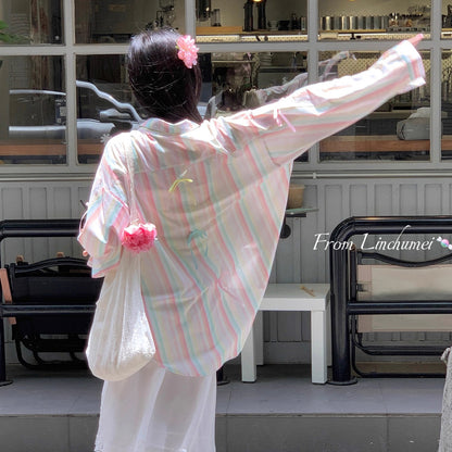 【アウター】リボンストライプ UVカットシャツ 春夏 韓国風 ゆったり スイート【SHシリーズ】