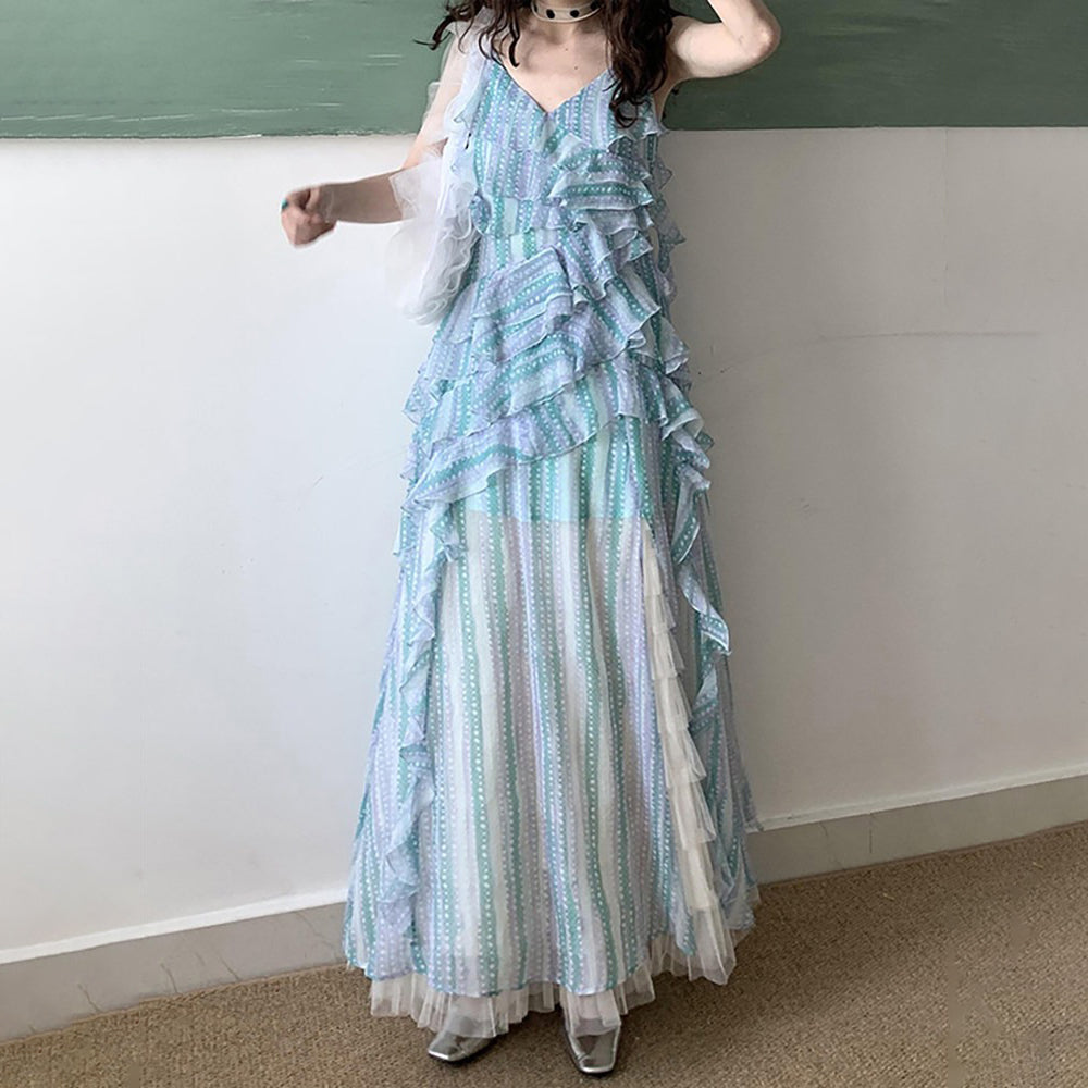 【ワンピース】アート風 ブループリント フリル キャミソールワンピース レディース 夏 アシンメトリー ノースリーブ ロングドレス 涼感リゾート【SHシリーズ】【15～20日内発送】