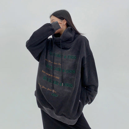 【トップス】レトロ風ダメージ加工 刺繍入りハイネック裏起毛スウェット レディース 冬新作 パーカー【FCシリーズ】