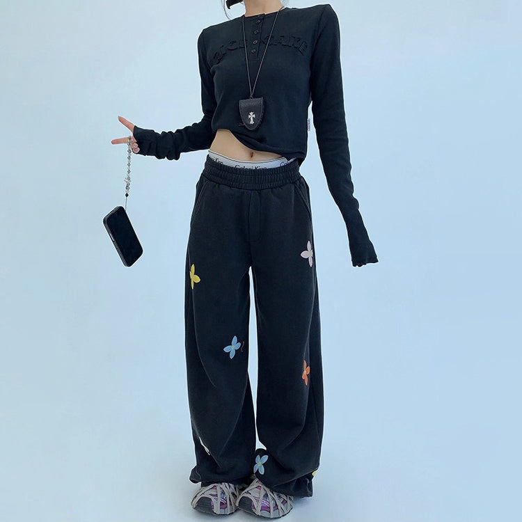 【ボトムス】重工刺繍×ヴィンテージ加工 スウェットパンツ レディース 秋新作 ストリートカジュアル【FCシリーズ】