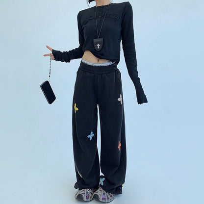 【ボトムス】重工刺繍×ヴィンテージ加工 スウェットパンツ レディース 秋新作 ストリートカジュアル【FCシリーズ】