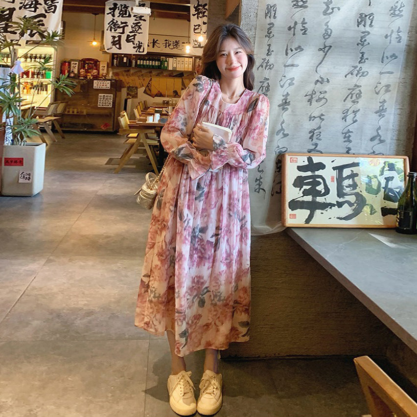 【ワンピース】ロマンチック フレンチ ピンク 小花柄 ワンピース 春夏秋 細見え 若見え 上品 長袖 ドレス【SHシリーズ】