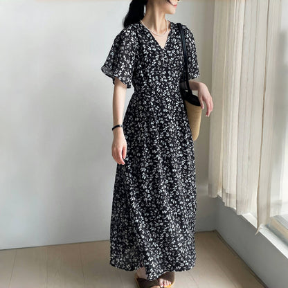 【ワンピース】夏 Vネック ウエストリボン 花柄 半袖 ワンピース 【SHシリーズ】