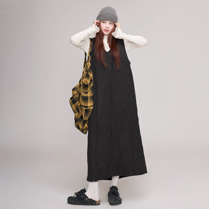 【ワンピース】ウール レディース 秋冬 ゆったりVネック 後ろスリット入り 体型カバー ノースリーブワンピース【JZシリーズ】