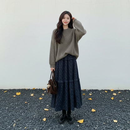 【セットアップ】高級感 ラウンドネック セーター + 花柄 スカート 2点上下セット 【JZシリーズ】