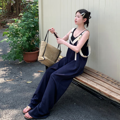 【ボトムス】ヴィンテージ配色Vネック ゆる系夏用カジュアルオールインワン