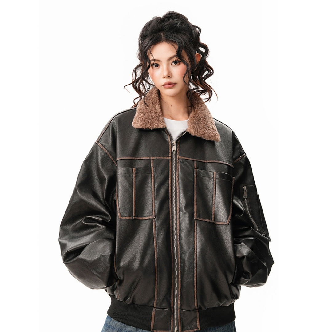 【アウター】ボア襟 春 秋 冬 暖かい テーラードカラー レザージャケット 【FCシリーズ】