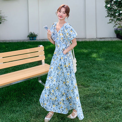 【ワンピース】花柄ワンピース レディース ブルー Vネック パフスリーブ 半袖 ナチュラル フレアシルエット ロング丈 夏新作【SHシリーズ】