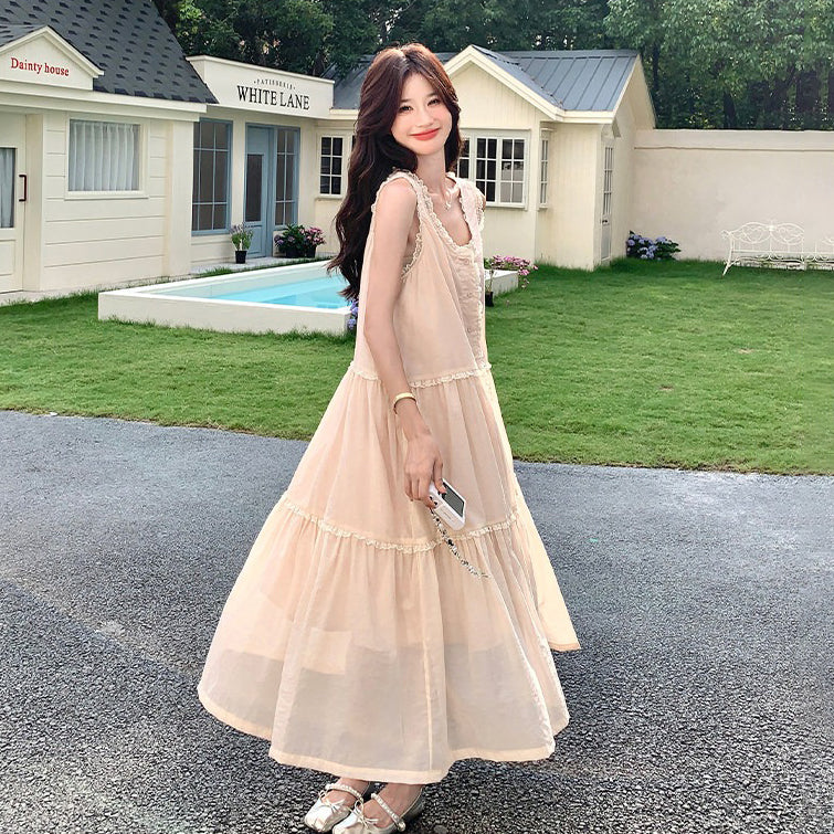 【ワンピース】フレンチ風 ノースリーブワンピース レディース 夏 レースデザイン Aライン 細見え 大人可愛い【JZシリーズ】