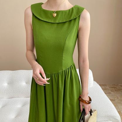 【ワンピース】夏 マンボ デザイン感 フレンチ フリル襟 ウエストマーク ノースリーブ ワンピース 【SNシリーズ】