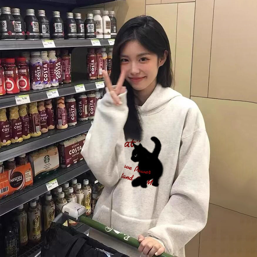 S~3XL【トップス】黒猫柄 フード付き スウェット レディース 秋冬 裏起毛 ゆったり おしゃれ【FCシリーズ】