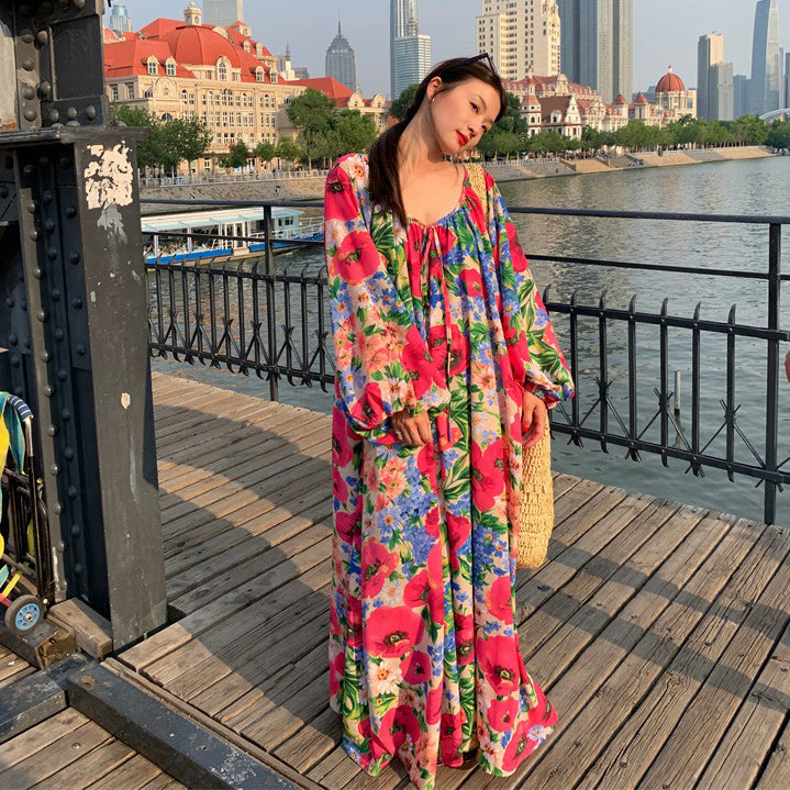 【ワンピース】超可愛い 春夏 ゆったり ロング丈  Vネック 背中あき 花柄 長袖ワンピース【SHシリーズ】