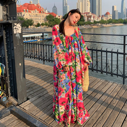 【ワンピース】超可愛い 春夏 ゆったり ロング丈  Vネック 背中あき 花柄 長袖ワンピース【SHシリーズ】