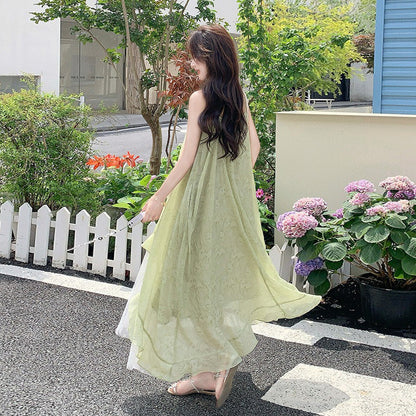 【ワンピース】グリーン ダブルレイヤー 小花柄 キャミワンピース 夏 レディース フェミニン リゾートワンピ【SHシリーズ】