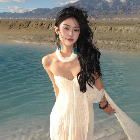 【ワンピース】【ビーチ・旅行に最適】リボン ノースリーブワンピース｜プリーツ リゾート ロング丈｜パーティー ビーチ 映えドレス