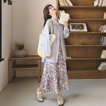 2点セット！【セットアップ】パープル 花柄 キャミワンピース シャツ付き 2点セット フレンチレトロ 日焼け対策 ロングワンピース【SHシリーズ】