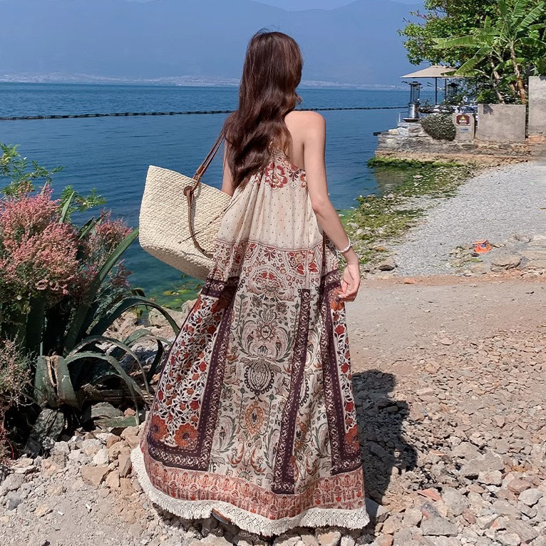 【ワンピース】夏新作 ボヘミアンプリント ノースリーブキャミワンピース リゾートビーチスタイル【SHシリーズ】
