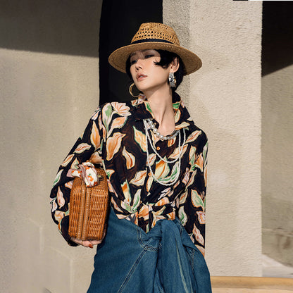 【トップス】フレンチレトロ ヘップバーン風 ブラウス レディース ヴィンテージフラワー 長袖 シャツ【SHシリーズ】【15～20日内発送】