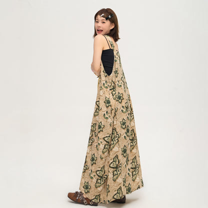 【ボトムス】ゆったりルーズ感 オーバーサイズ Vネック オールインワン 夏新作 バタフライプリント サロペット【SHシリーズ】