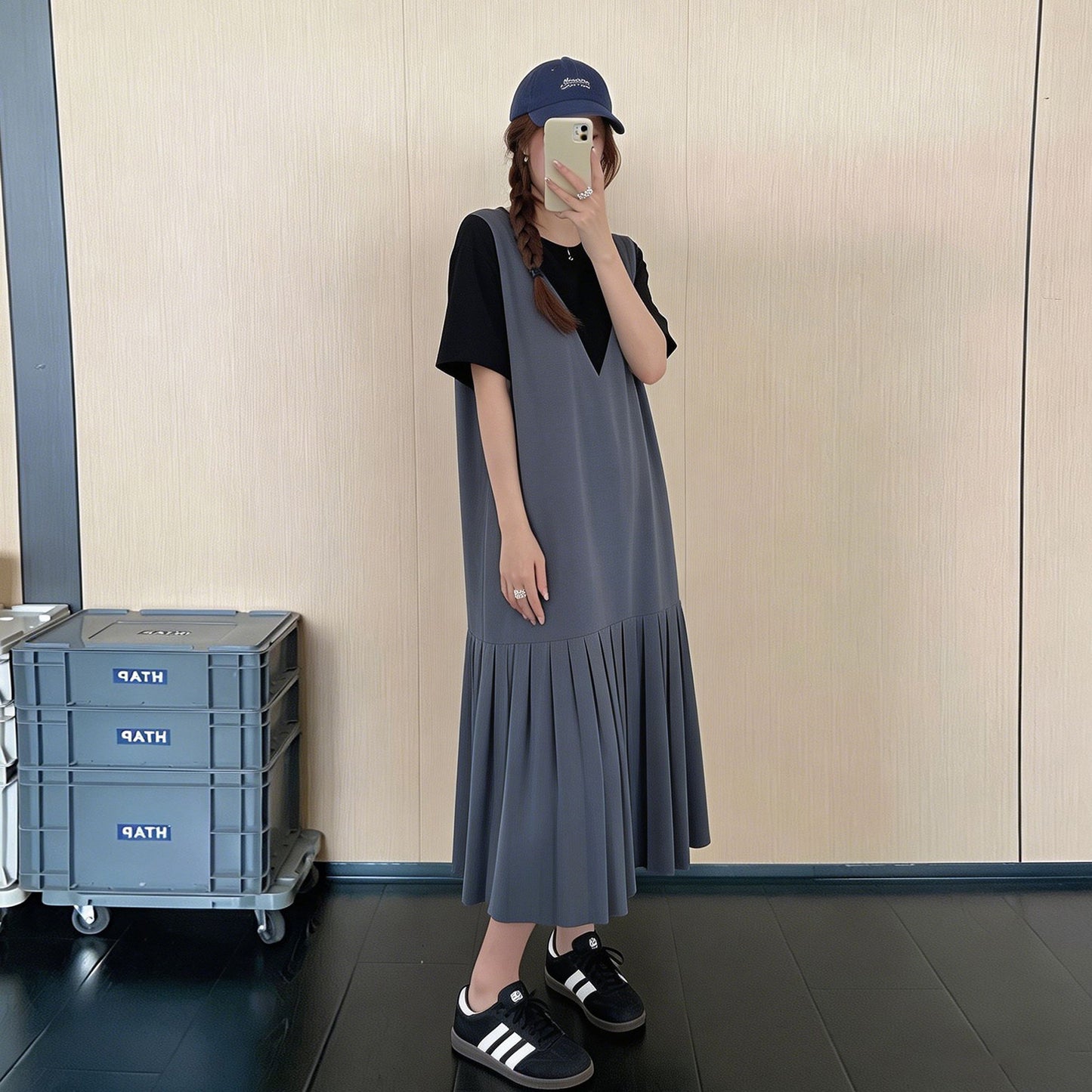【ワンピース】韓国風フェイクレイヤードワンピース レディース 夏 半袖 ロングワンピース 切替デザイン ゆったり体型カバー 着痩せカジュアル【JZシリーズ】